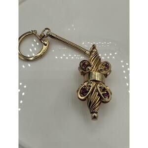 Antique Gold-Tone Key Chain With Purple Gemstone Accent Vintage-Inspired Design